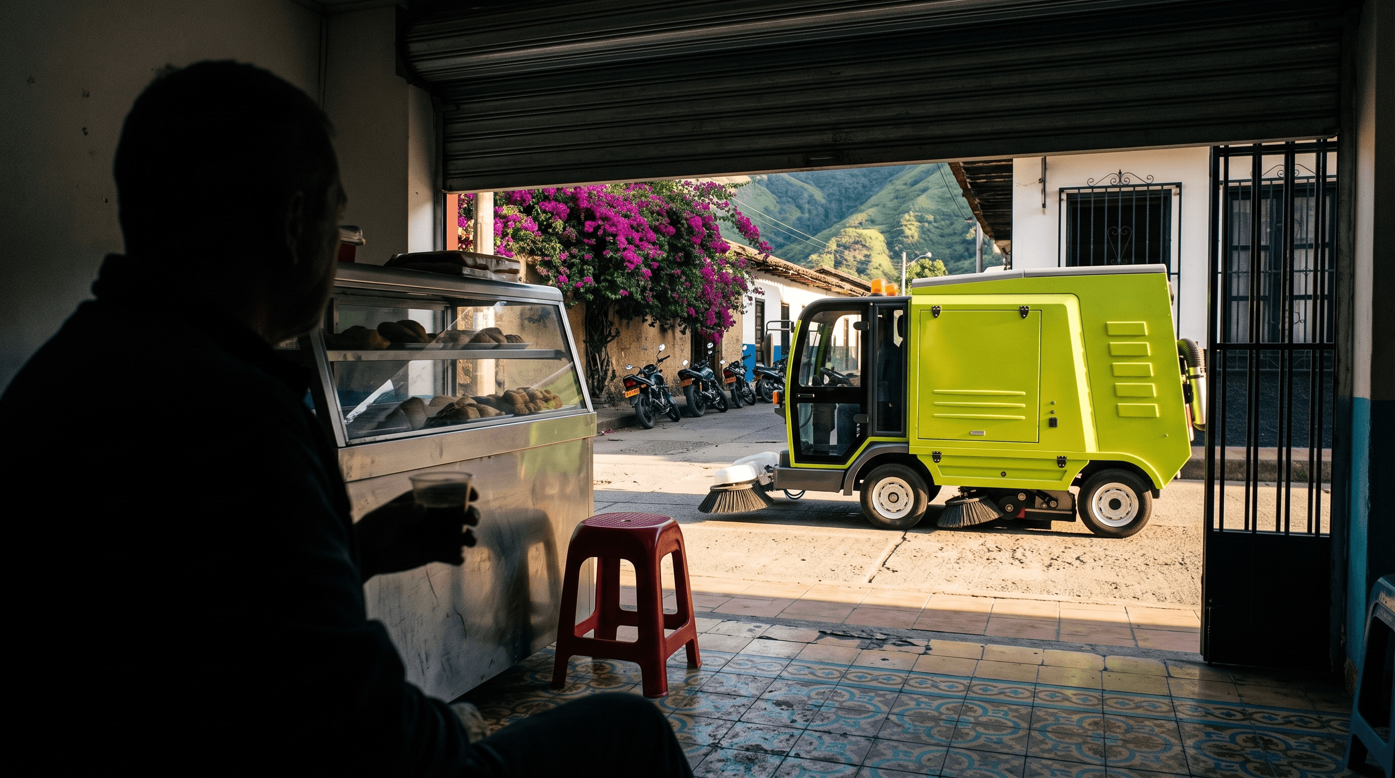 Una barredora eléctrica de Citybroom vista desde una tienda de pueblo